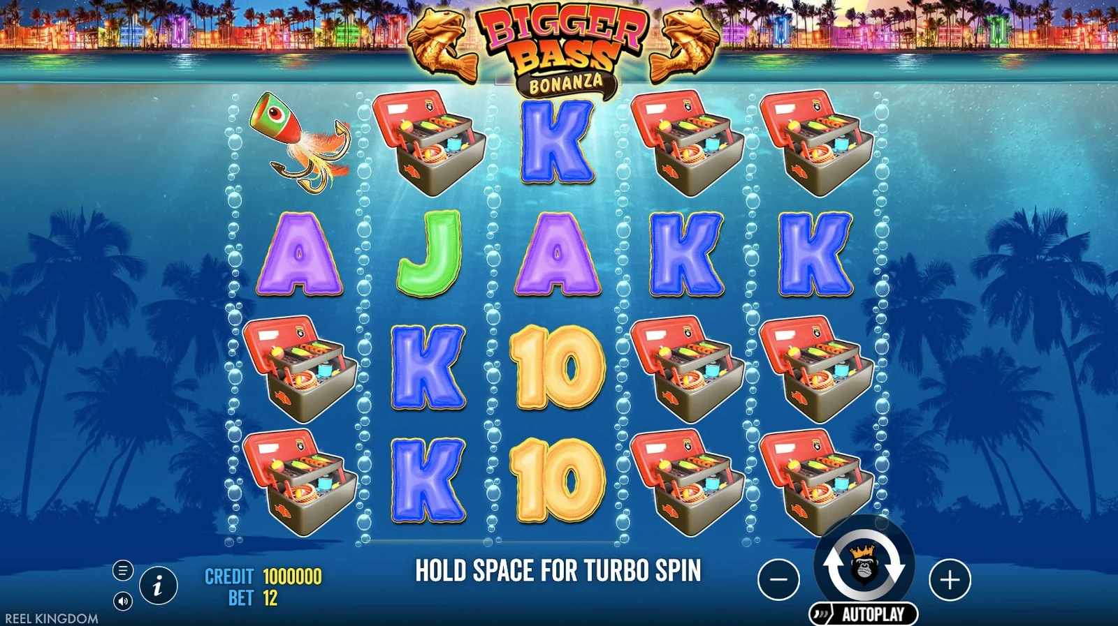 Bigger Bass Bonanza 5x4 grid gameplay with tackle boxes and card symbols