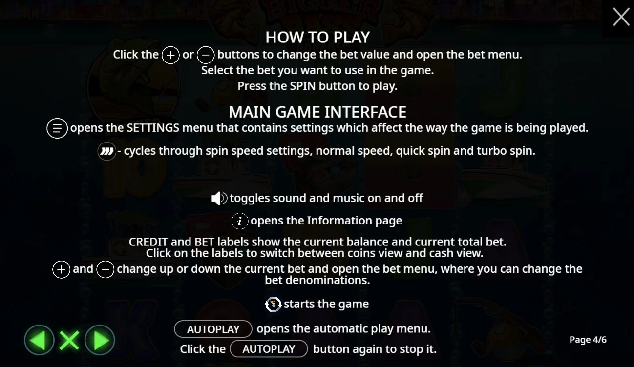 Bigger Bass Bonanza how to play interface guide showing buttons and autoplay
