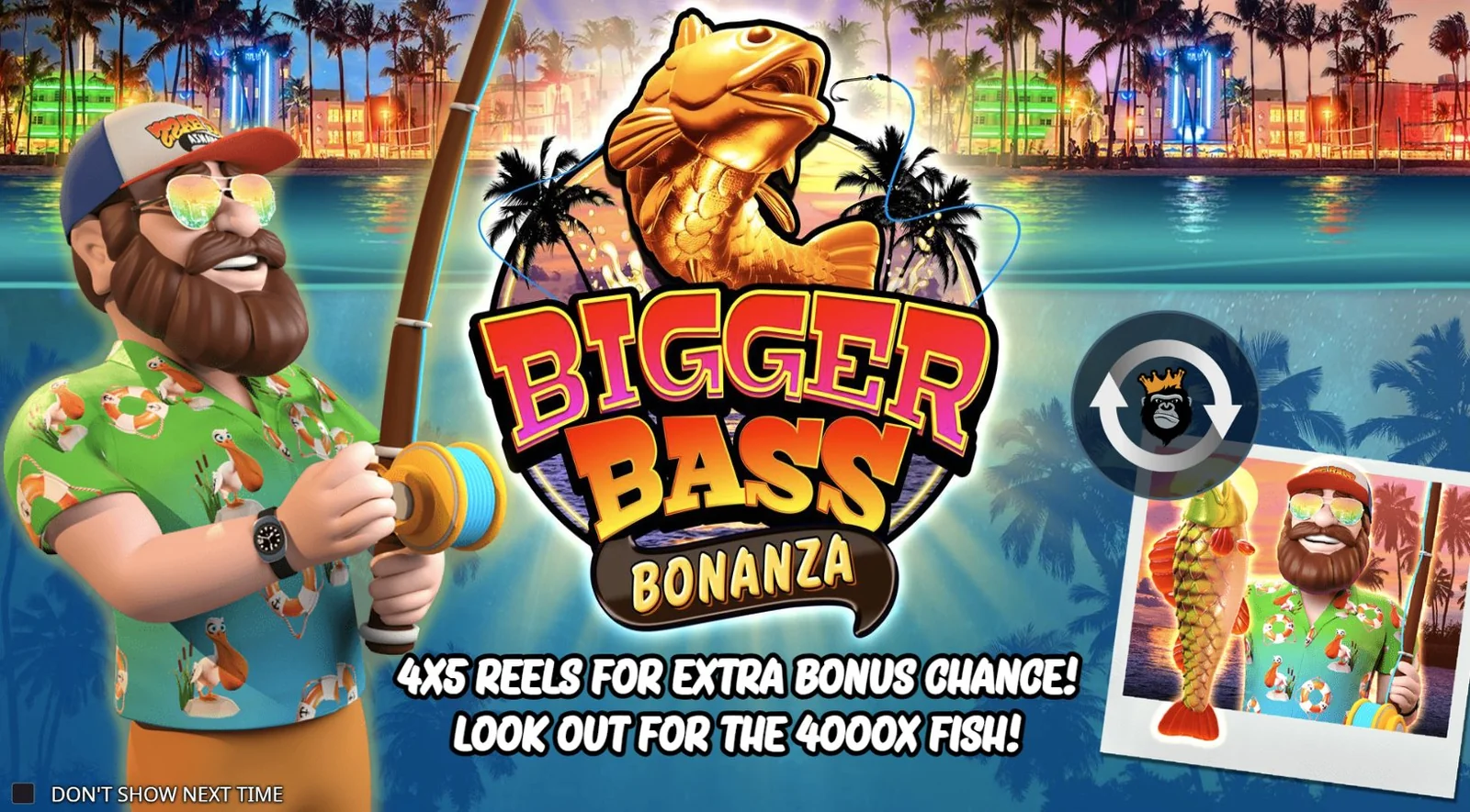 Bigger Bass Bonanza intro screen showing fisherman and Miami neon backdrop